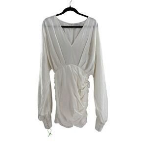 Madeline Simon White Ruched V Neck Long Sleeve Mini Dress Size XS